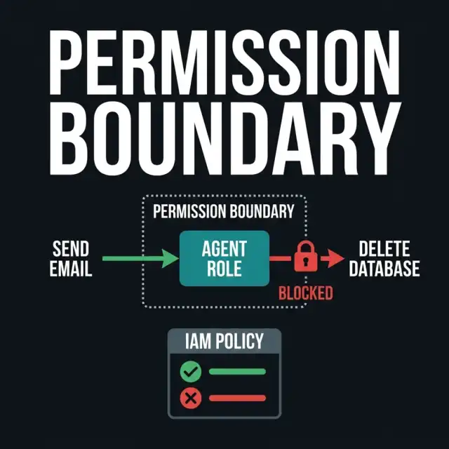 Tool Permission Boundary — Flowchart showing Agent Role sending a permitted API call (Allowed) and a database write crossing the boundary (Blocked)