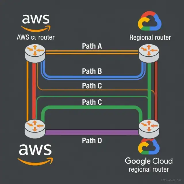 AWS and Google Cloud quad-redundancy fiber path routing diagram