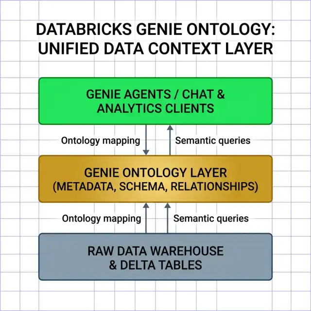 Databricks Genie Ontology Context Layer — Delta Tables on the bottom, Genie Ontology in the middle containing business definitions and relationships, Genie Agents and enterprise clients on top. Databricks 2026