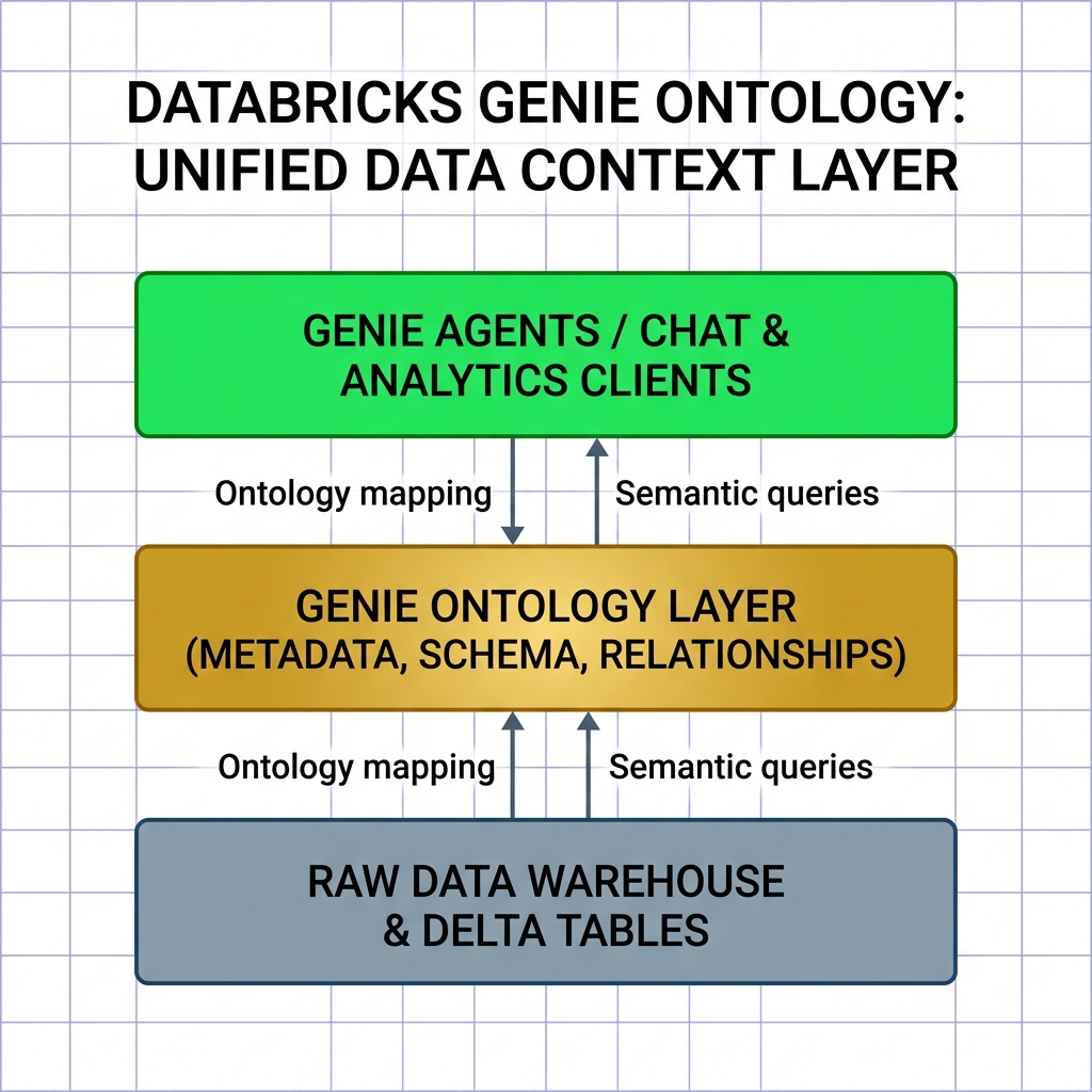 Databricks Genie Ontology Context Layer — Delta Tables on the bottom, Genie Ontology in the middle containing business definitions and relationships, Genie Agents and enterprise clients on top. Databricks 2026