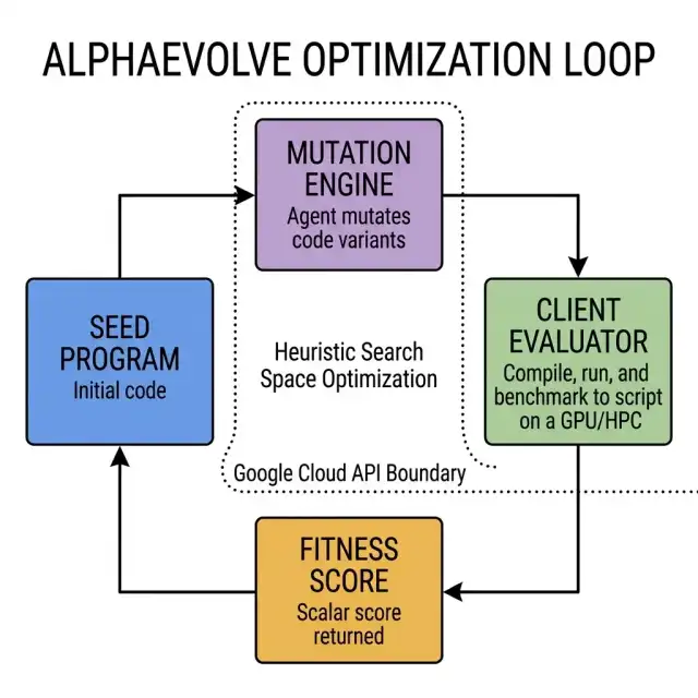 AlphaEvolve Optimization Loop — Closed-Loop Evolutionary Algorithm Discovery Flowchart