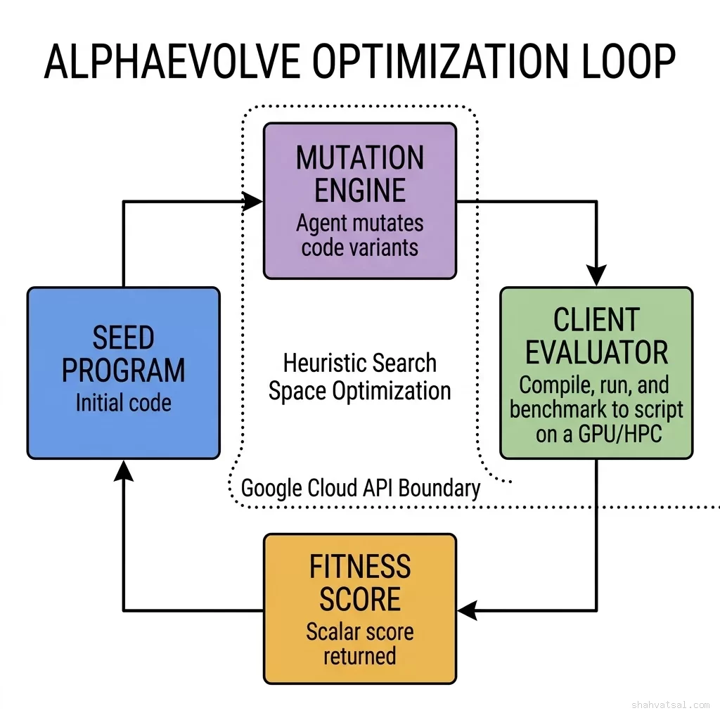 AlphaEvolve Optimization Loop — Closed-Loop Evolutionary Algorithm Discovery Flowchart