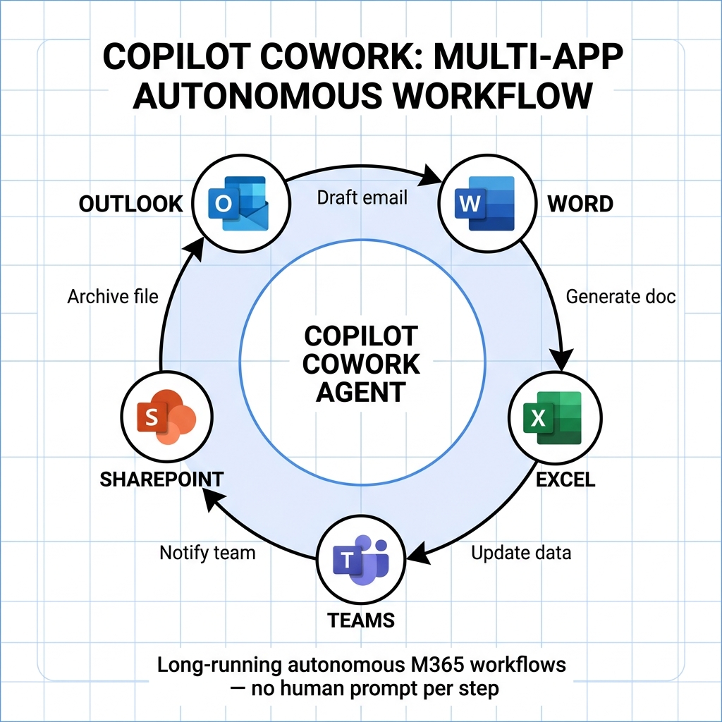 Copilot Cowork multi-app autonomous workflow — Cowork agent at center orchestrates Outlook email drafting, Word document generation, Excel data update, Teams notification, and SharePoint archival in a continuous loop — Microsoft M365 GA June 2026