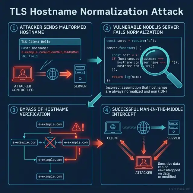 TLS hostname normalization attack flow diagram