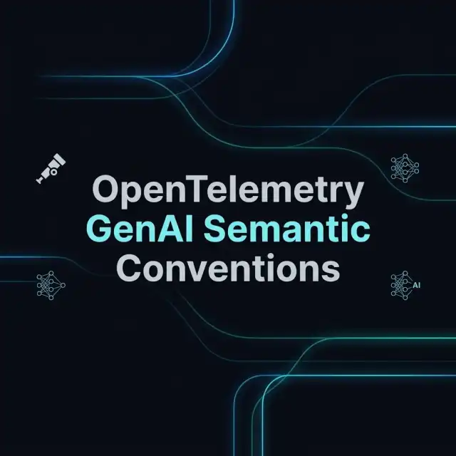 OpenTelemetry GenAI Semantic Conventions banner — telescope icon amidst complex glowing neon blue and teal data trace lines on a very dark industrial background — OpenTelemetry 2026