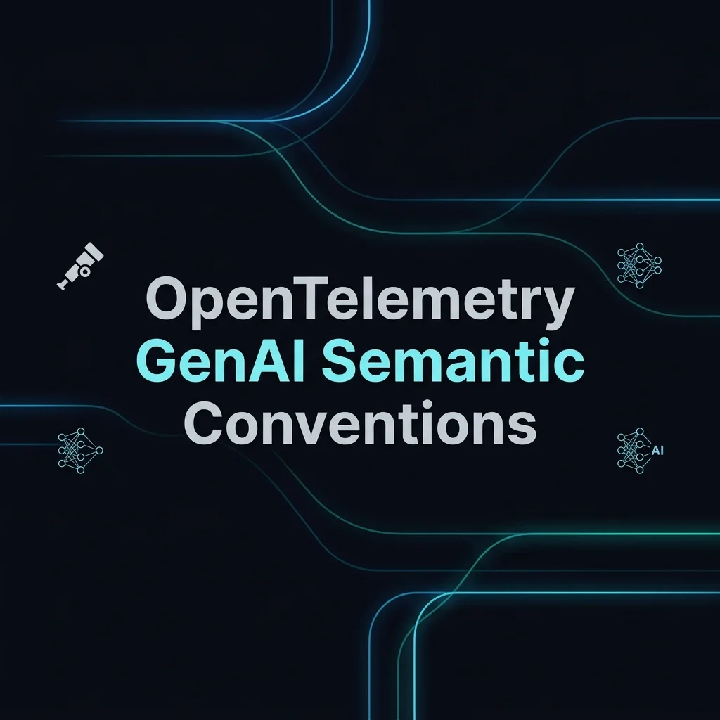 OpenTelemetry GenAI Semantic Conventions banner — telescope icon amidst complex glowing neon blue and teal data trace lines on a very dark industrial background — OpenTelemetry 2026
