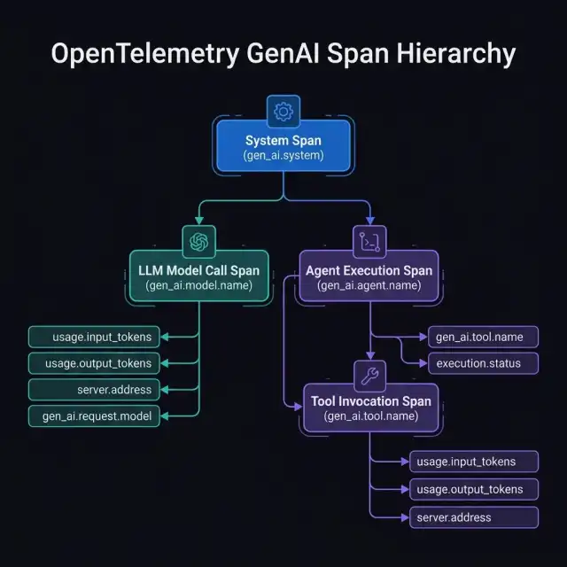 OpenTelemetry GenAI Span Hierarchy — Root span gen_ai.system branching into LLM call gen_ai.model.name and Agent span gen_ai.agent.name which further spawns a Tool span gen_ai.tool.name — OpenTelemetry 2026