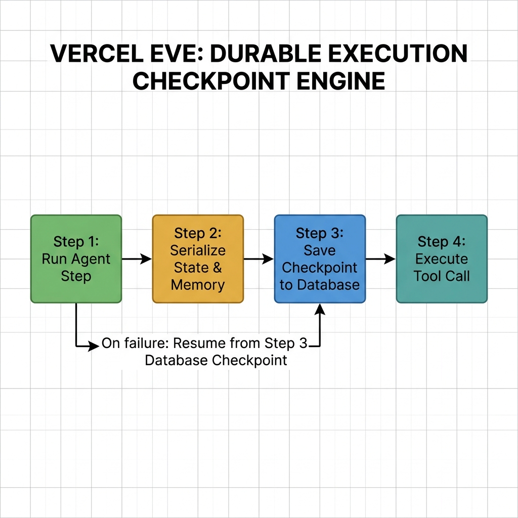 Vercel eve Durable Checkpoint Workflow: Step execution, State serialization, Database checkpoint save, Resume on failure recovery. Vercel 2026