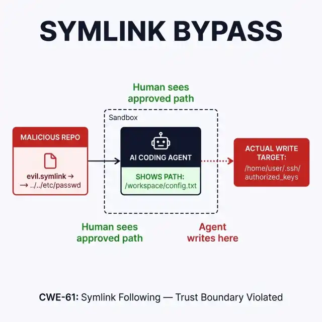 Symlink Bypass Attack Path — GhostApproval — CWE-61 Symlink Following — AI Coding Agent Sandbox Escape Diagram