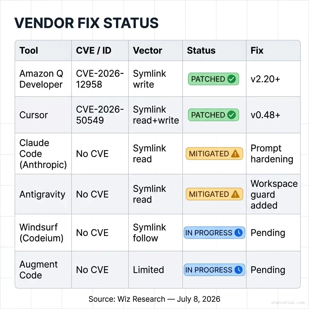 Vendor Fix Status Matrix — GhostApproval CVE-2026-50549 CVE-2026-12958 — Cursor Amazon Q Anthropic Claude Code Antigravity Windsurf Augment