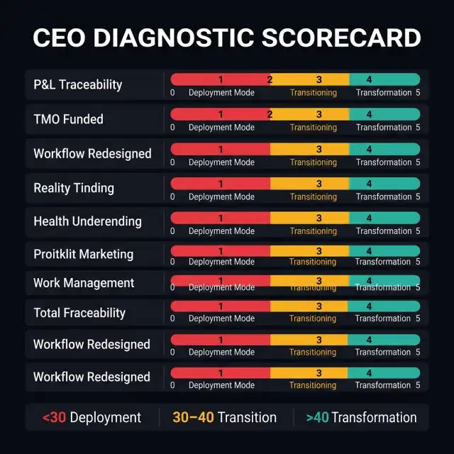 CEO AI Transformation Diagnostic Scorecard — 10-row dashboard with color-coded readiness meters for each governance dimension, from P&L Traceability to TMO Funding to Workflow Redesign. Red zones signal deployment mode; teal zones signal transformation infrastructure.