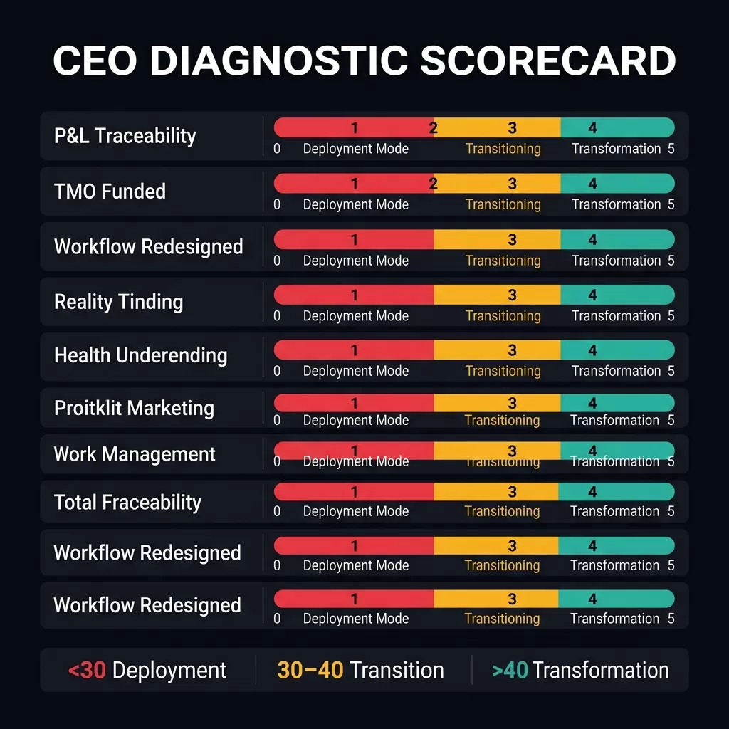 CEO AI Transformation Diagnostic Scorecard — 10-row dashboard with color-coded readiness meters for each governance dimension, from P&L Traceability to TMO Funding to Workflow Redesign. Red zones signal deployment mode; teal zones signal transformation infrastructure.