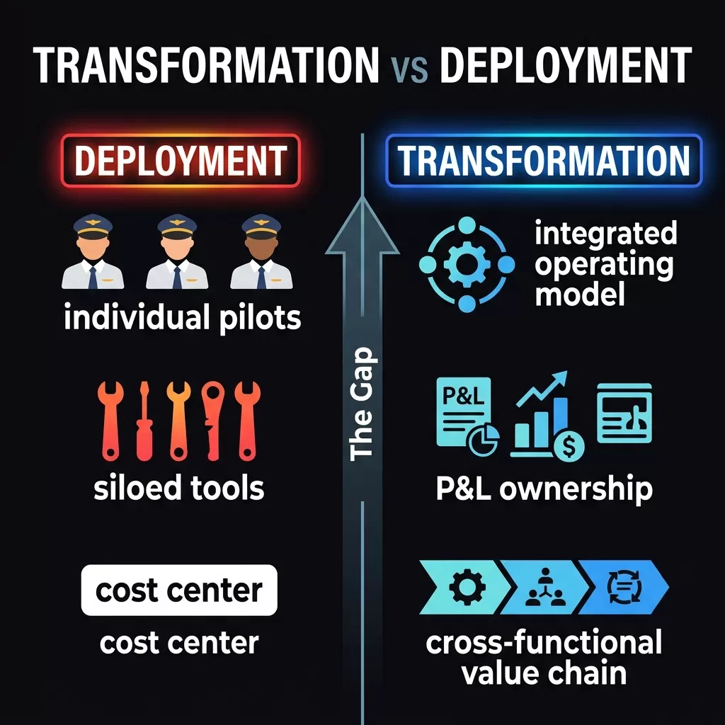 The Transformation vs. Deployment Diagnostic Framework — a 2D comparison showing the structural gap between pilot-stage AI deployment and operating-model-level AI transformation