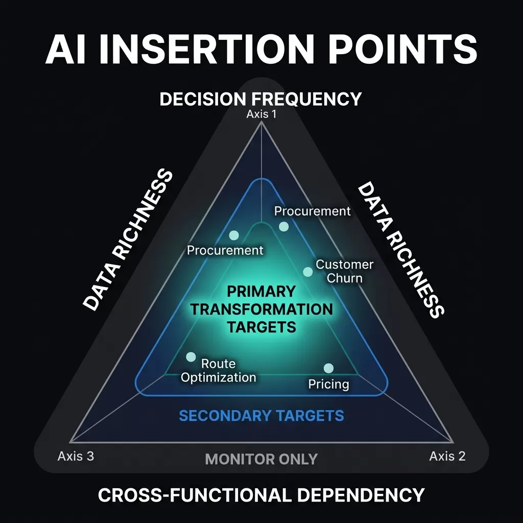 AI Insertion Points Mapping — radar/triangle scoring grid with three axes (Decision Frequency, Data Richness, Cross-Functional Dependency). Primary transformation targets cluster in the high-score center zone; sample business processes are plotted including Procurement, Customer Churn, Route Optimization, and Pricing.