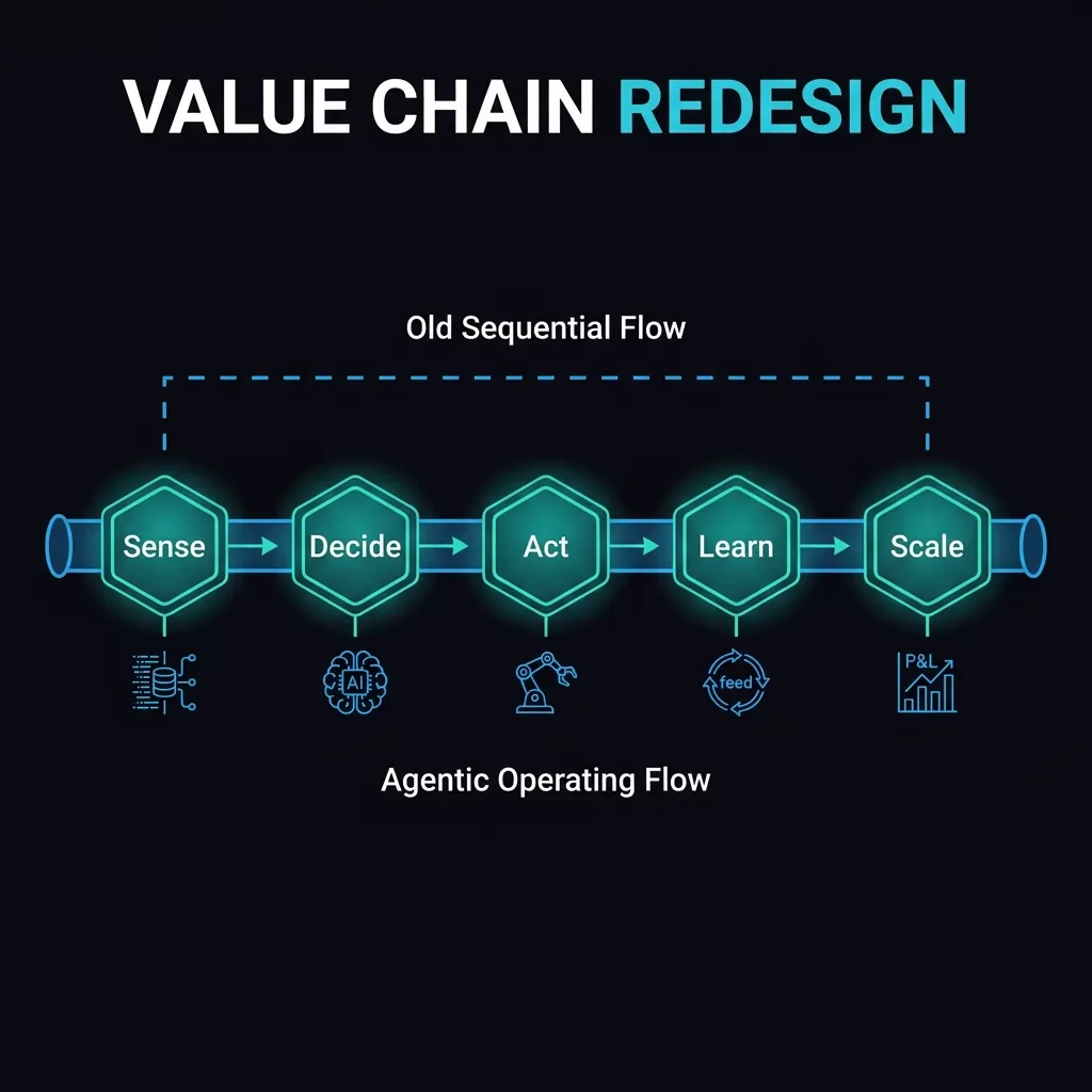 The AI-Integrated Value Chain — Agentic Operating Flow with five nodes: Sense, Decide, Act, Learn, Scale. Shows how continuous-loop AI orchestration replaces sequential planning cycles for enterprise value creation.