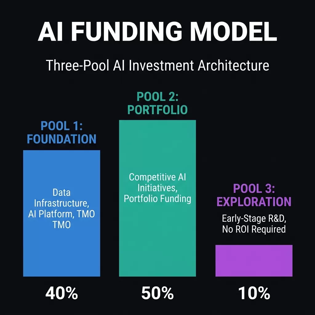 Three-Pool AI Investment Architecture — bar chart showing Foundation Pool (40%, blue, data infrastructure and TMO), Portfolio Pool (50%, teal, competitive AI initiatives), Exploration Pool (10%, purple, no-ROI early-stage R&D). Allocations shift as transformation matures.