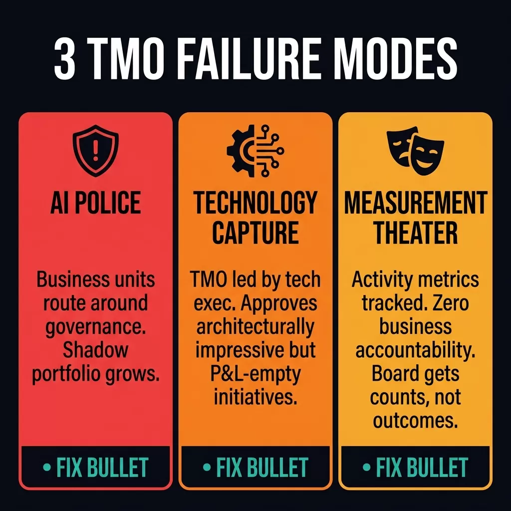Three TMO Failure Modes — three warning panels for AI Police (governance routed around), Technology Capture (tech exec leads, P&L-empty initiatives approved), and Measurement Theater (activity metrics tracked, zero business accountability). Each panel shows the fix in teal.
