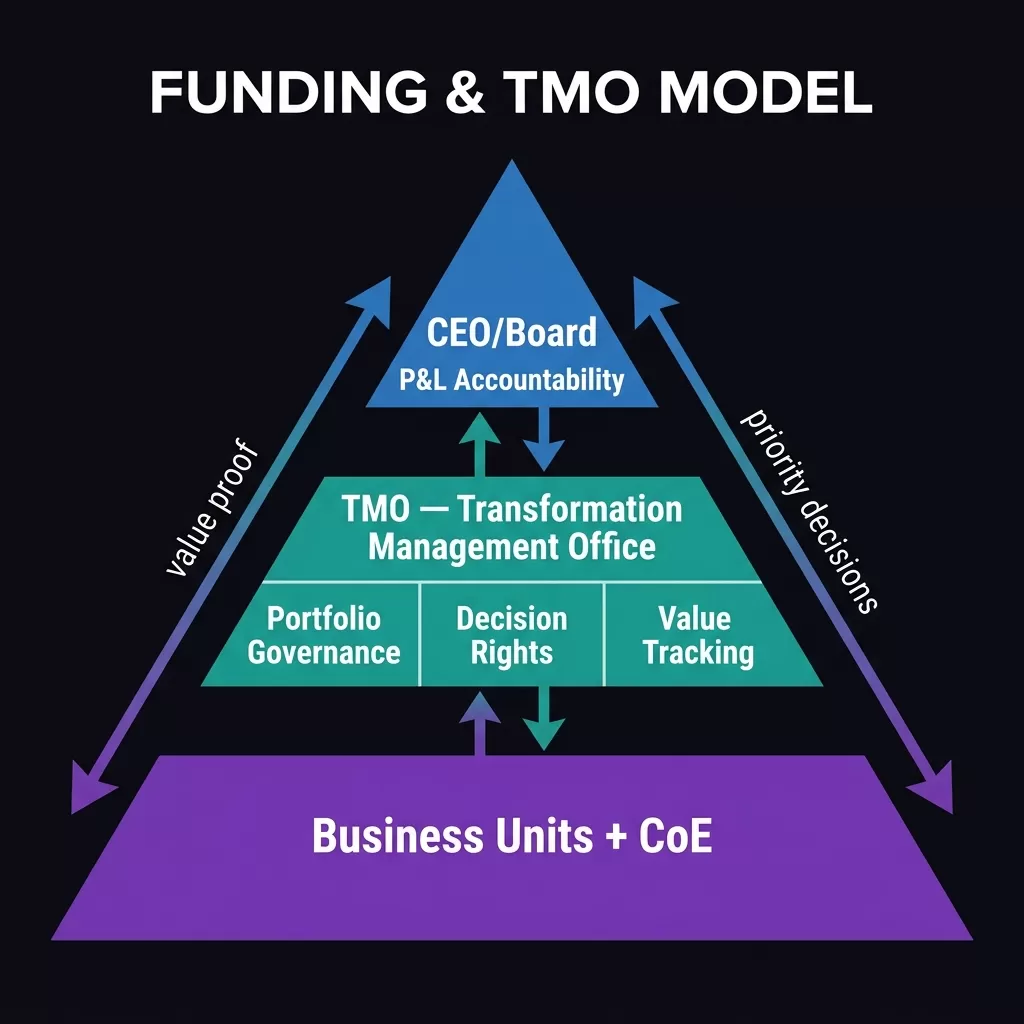 The CEO AI Funding and TMO Governance Model — Shows three organizational tiers: CEO/Board (P&L Accountability), TMO (Portfolio Governance, Decision Rights, Value Tracking), and Business Units and CoE (Execution). Bidirectional arrows show value proof flowing up and investment priorities flowing down.