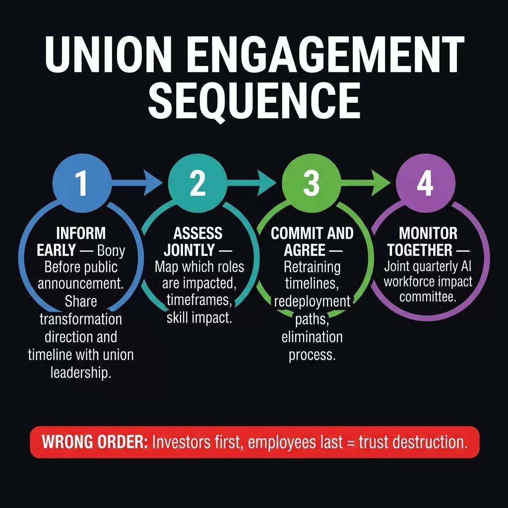 Union Engagement Sequence — four-step numbered process flow: (1) Inform Early before public announcement, (2) Assess Jointly which roles are impacted, (3) Commit and Agree on retraining and redeployment, (4) Monitor Together via joint quarterly committee. Red warning banner below shows the wrong order — Investors first, employees last equals trust destruction.