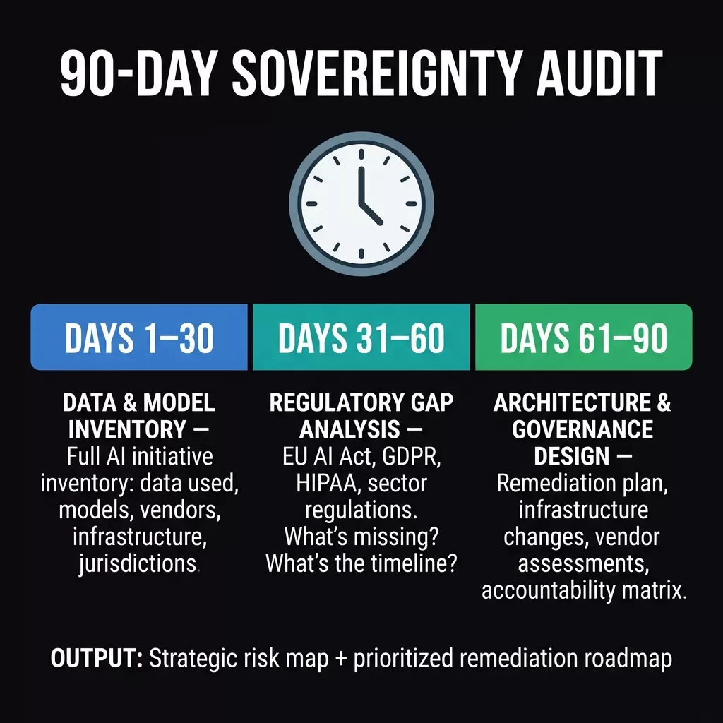 90-Day AI Sovereignty Readiness Audit — horizontal three-block timeline: Days 1–30 Data and Model Inventory (full AI initiative census with data, models, vendors, jurisdictions), Days 31–60 Regulatory Gap Analysis (EU AI Act, GDPR, HIPAA coverage mapping), Days 61–90 Architecture and Governance Design (remediation plan, accountability matrix). Large clock icon above. Output: strategic risk map and prioritised roadmap.