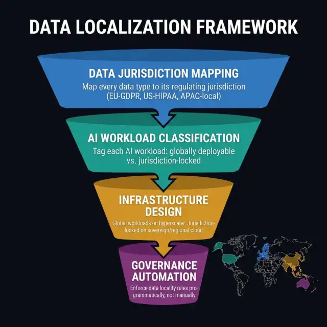 Data Localization Framework — four-step funnel: (1) Data Jurisdiction Mapping — map every data type to its regulating jurisdiction, (2) AI Workload Classification — globally deployable vs. jurisdiction-locked, (3) Infrastructure Design — hyperscaler for global, sovereign cloud for regulated, (4) Governance Automation — enforce data locality rules programmatically. World map outline on the right shows regional regulatory zones.