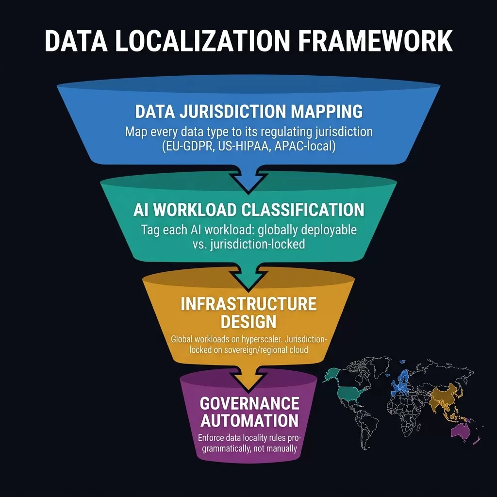 Data Localization Framework — four-step funnel: (1) Data Jurisdiction Mapping — map every data type to its regulating jurisdiction, (2) AI Workload Classification — globally deployable vs. jurisdiction-locked, (3) Infrastructure Design — hyperscaler for global, sovereign cloud for regulated, (4) Governance Automation — enforce data locality rules programmatically. World map outline on the right shows regional regulatory zones.