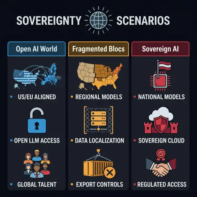 The CEO AI Sovereignty Scenario Map — Three scenarios for global enterprise AI strategy: Open AI World (blue, US/EU aligned), Fragmented Blocs (amber, regional models and data localization), and Sovereign AI (red, national models and regulated access). Planning across all three is essential for multinational operating models.