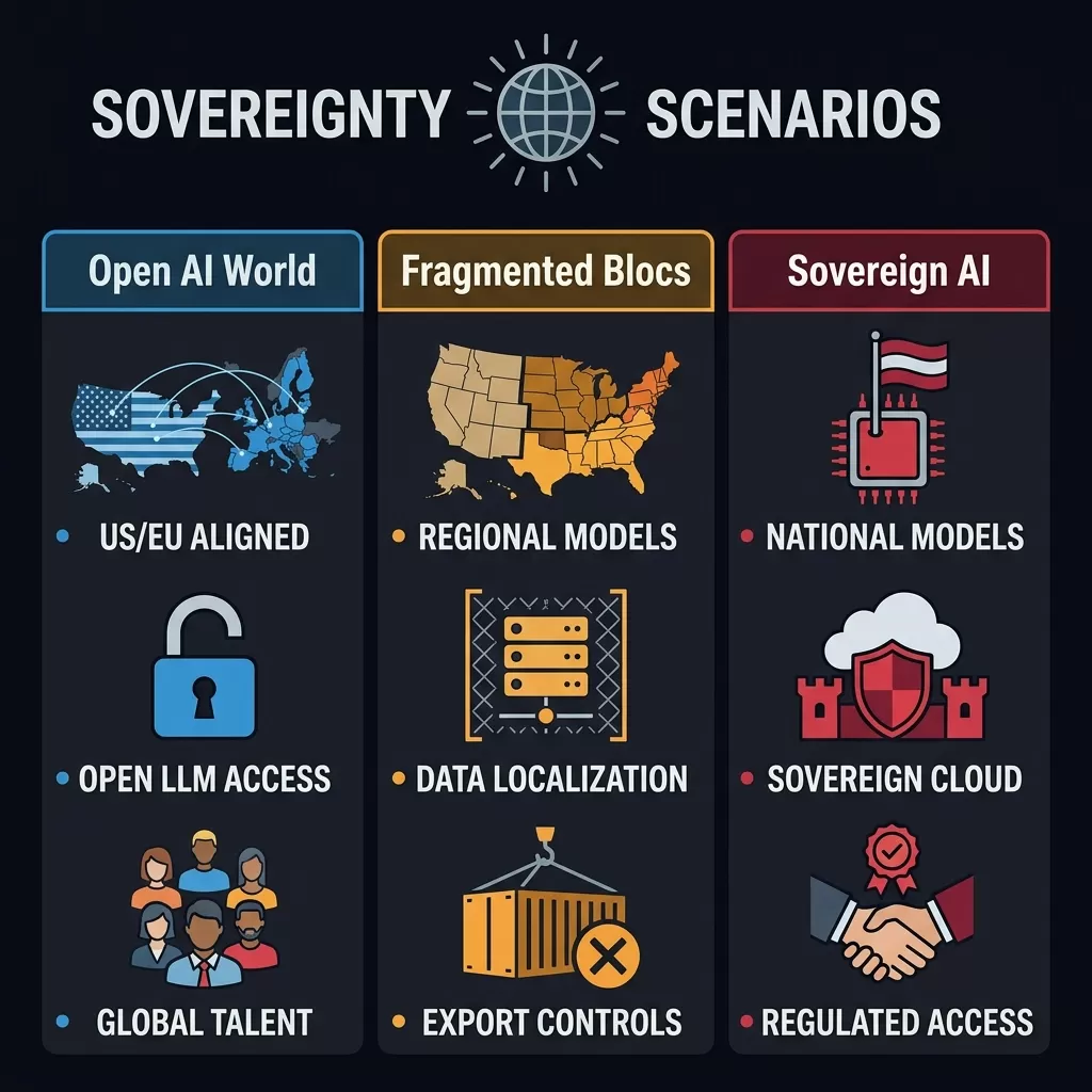The CEO AI Sovereignty Scenario Map — Three scenarios for global enterprise AI strategy: Open AI World (blue, US/EU aligned), Fragmented Blocs (amber, regional models and data localization), and Sovereign AI (red, national models and regulated access). Planning across all three is essential for multinational operating models.