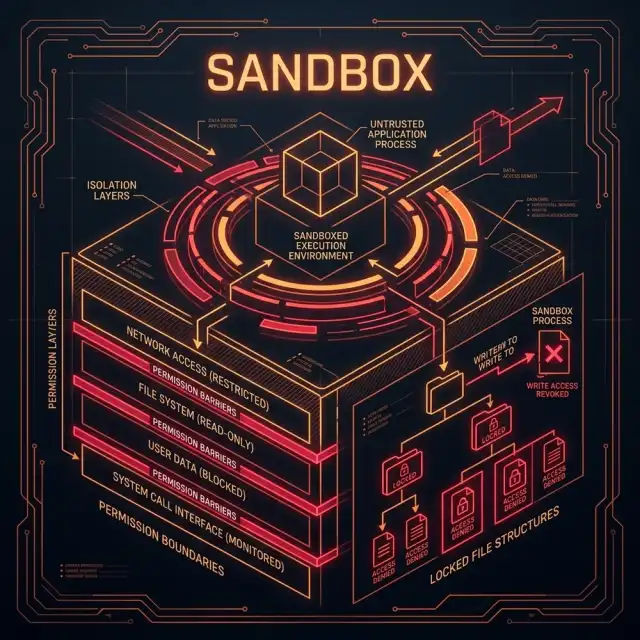 Hardened sandbox environment for Claude Code — cinematic blueprint macro text SANDBOX