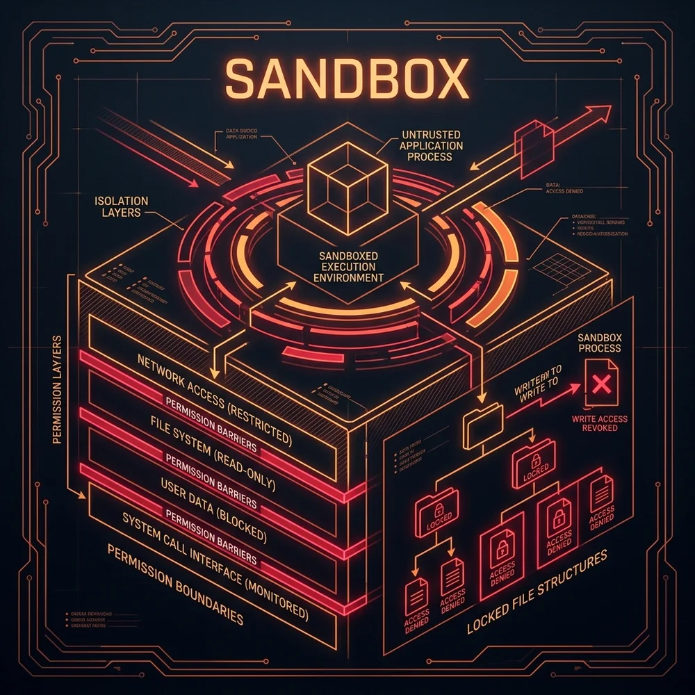 Hardened sandbox environment for Claude Code — cinematic blueprint macro text SANDBOX
