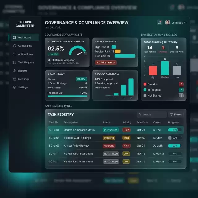 Governance Dashboard: Compliance officer control panel displaying steering committee actions, backlog items, and readiness metrics.