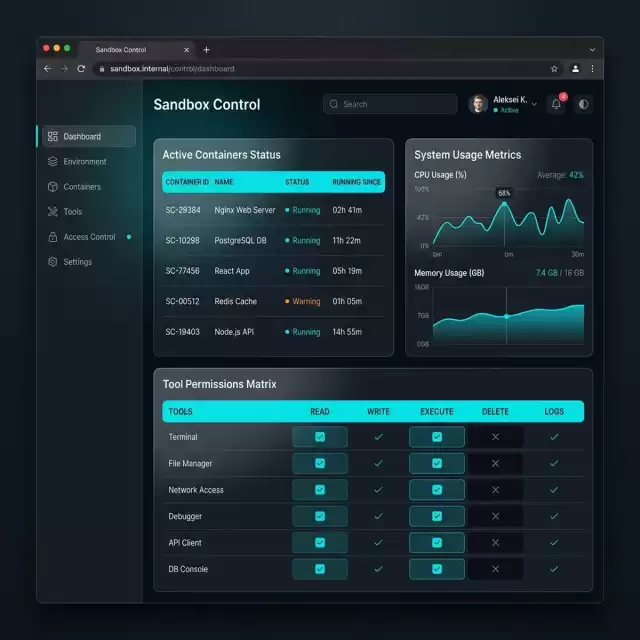 UI Screenshot: Agent sandbox control panel showing container status, execution logs, and turn budgets.