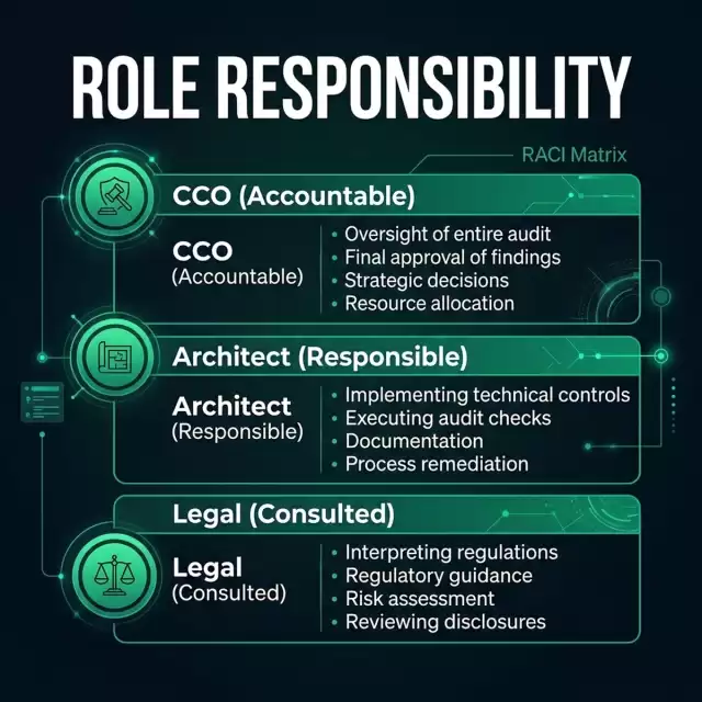 Infographic: RACI compliance matrix showing responsibilities, approvals, and evidence pack collection checkpoints.