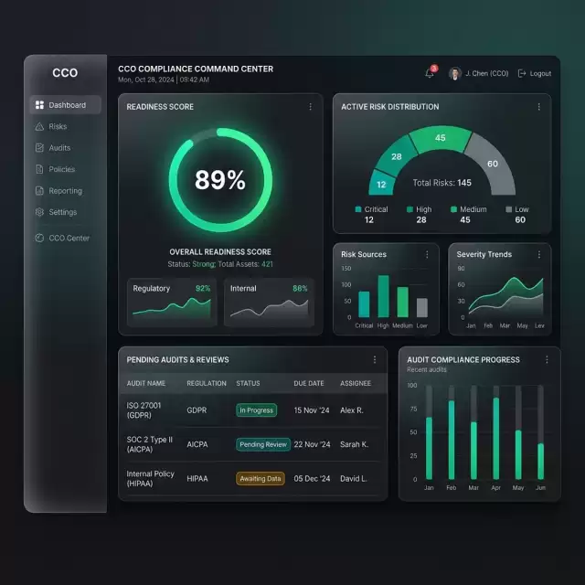 UI Screenshot: Chief Compliance Officer's command center dashboard displaying audit readiness scorecards and actions.