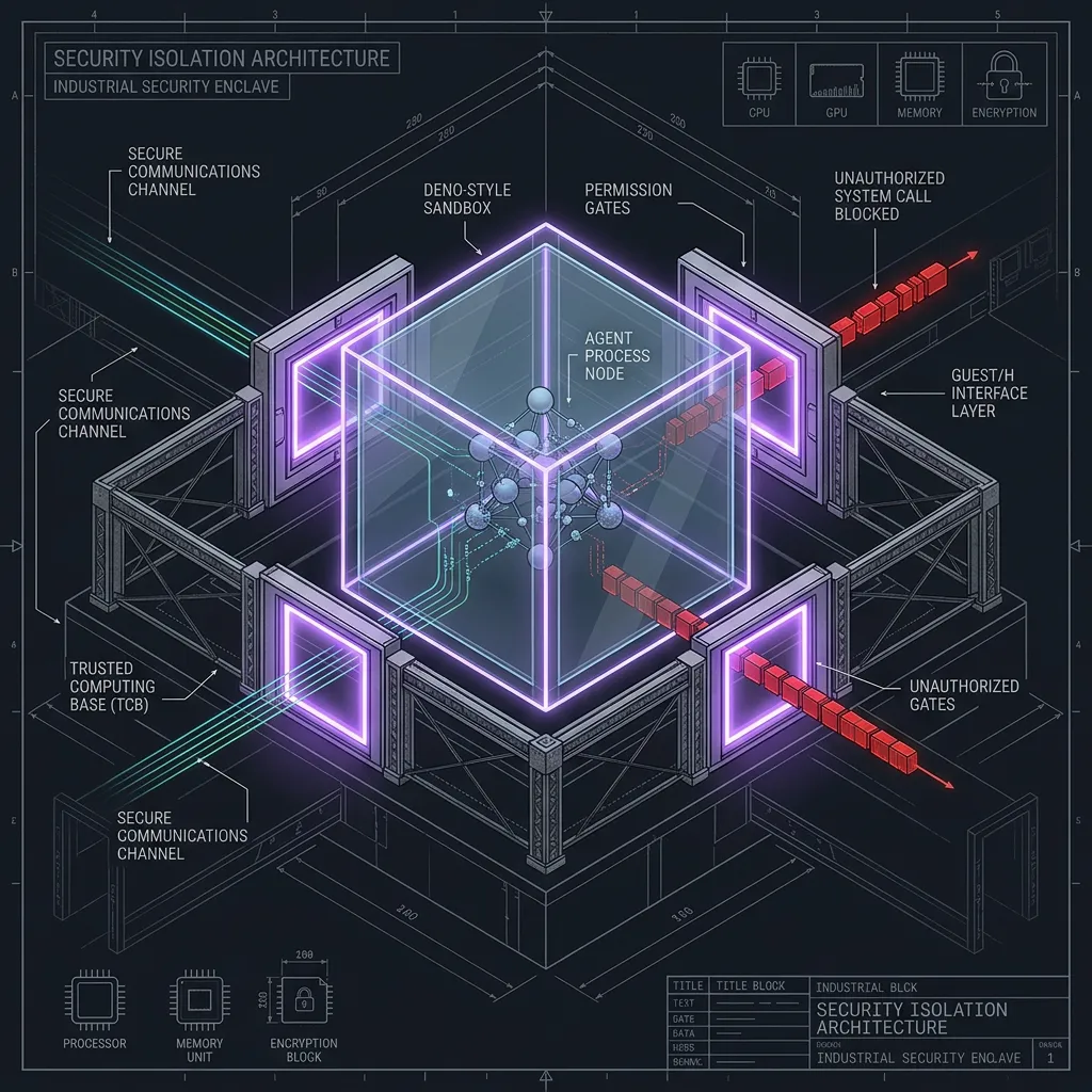 Agentic OS Security Isolation — Isometric Sandbox Schematic