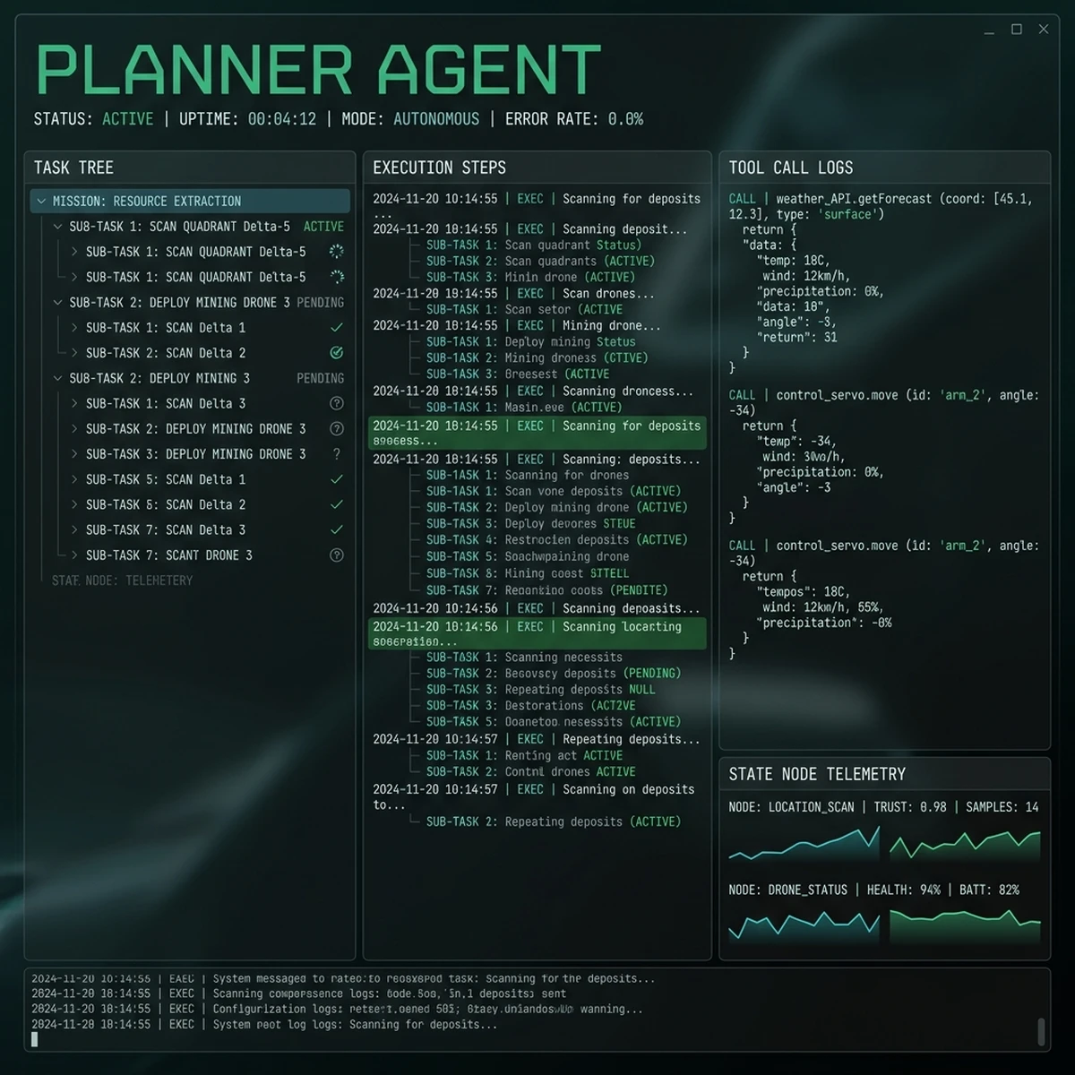 UI Screenshot: Agent Orchestration Console showing active task queues, planner logs, and approval buttons.