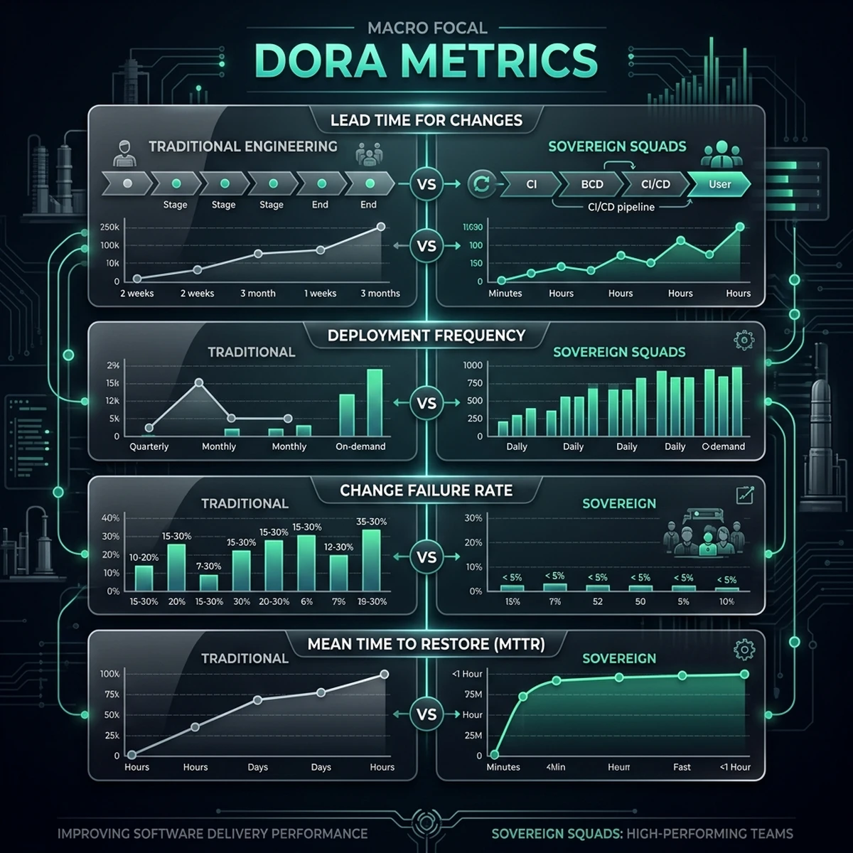 UI Screenshot: DORA performance dashboard displaying active changes in lead time, deployment frequency, and CFR.