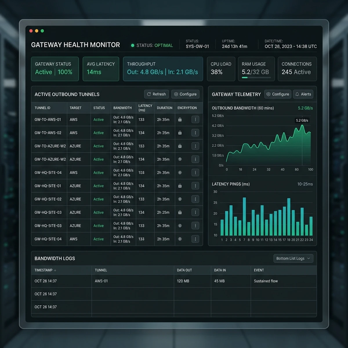UI Screenshot: Outbound network status panel showing active tunnels, peer keys, and connection diagnostics.
